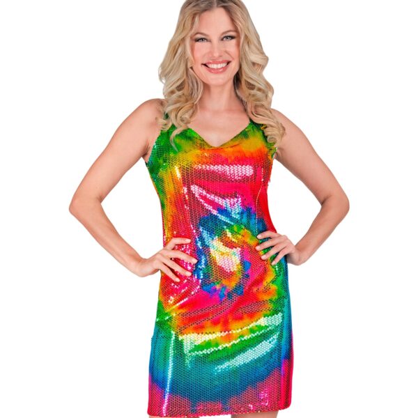 costume arcobaleno in stile tie dye in paillettes