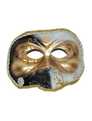 maschera veneziana dorata con naso lungo e rombi rossi e neri (copia)