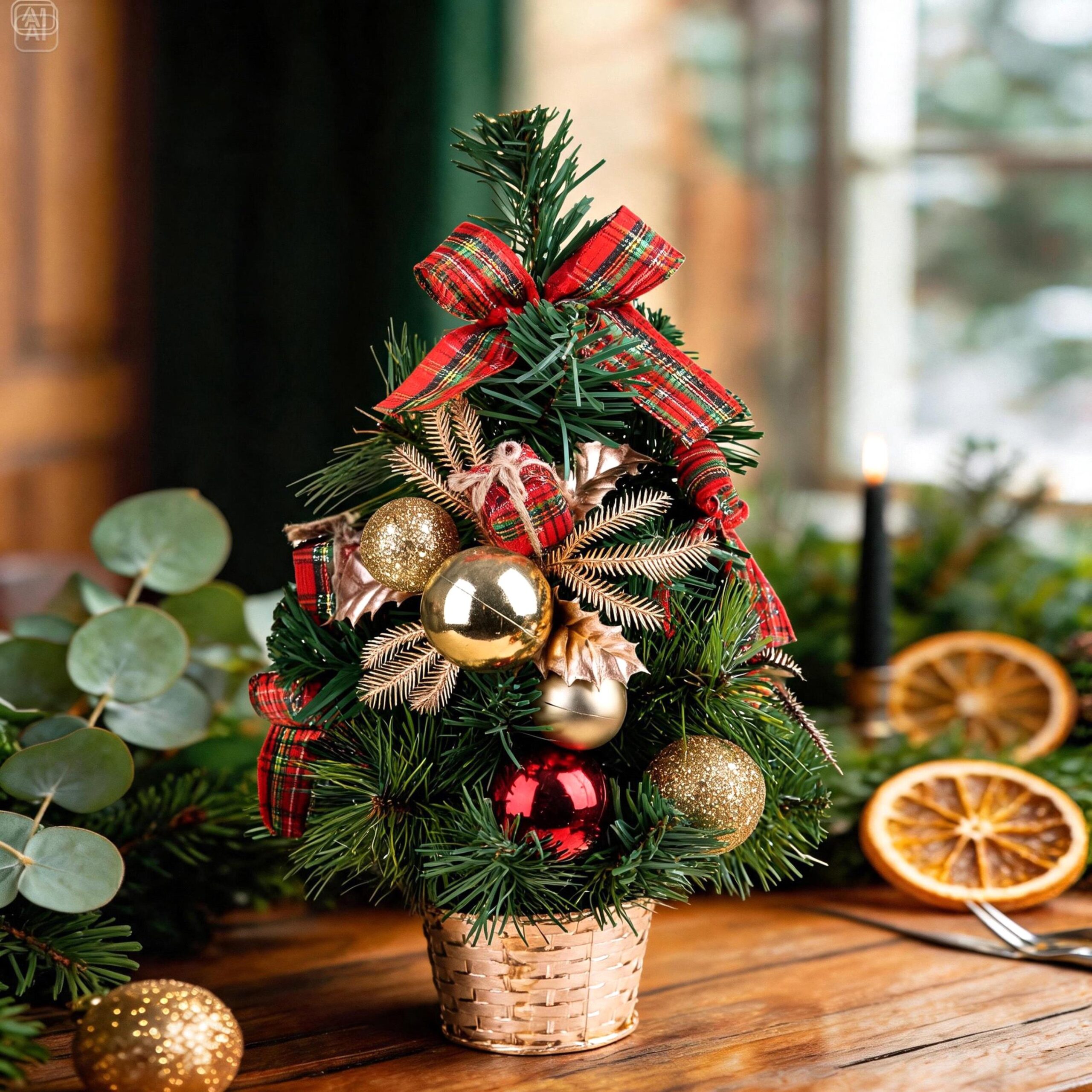 albero di natale da tavolo decorato con funghi, pigne e fiocchi (copia)