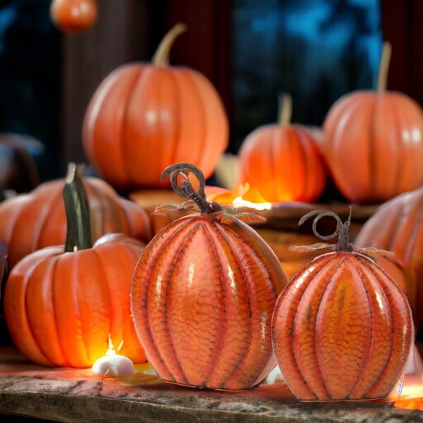zucca decorativa autunnale arancione in metallo con foglie e riccioli (copia)