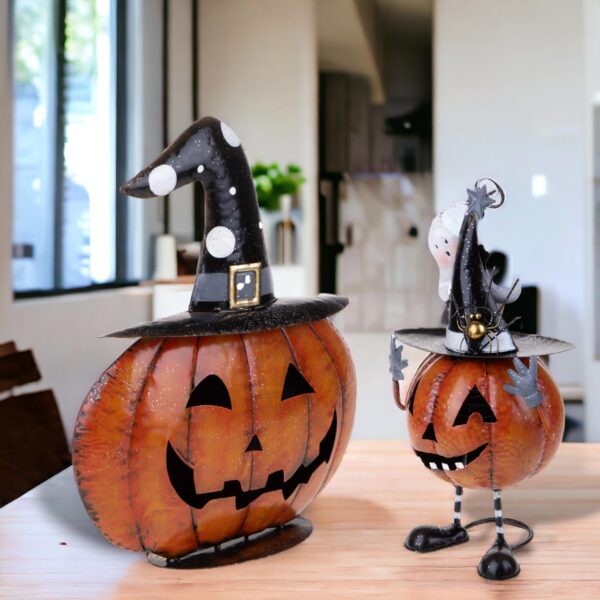 zucca halloween decorativa in metallo con cappello da strega e fantasma (copia)