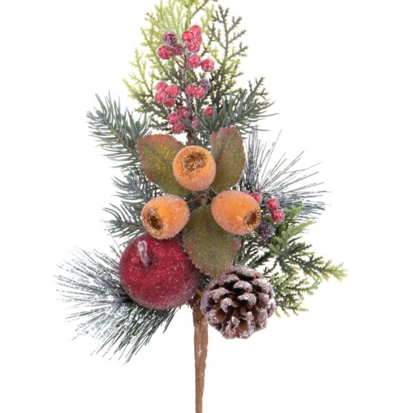 ramo decorativo natalizio con pino, bacche rosse innevate, pigna e frutti zuccherati (copia)