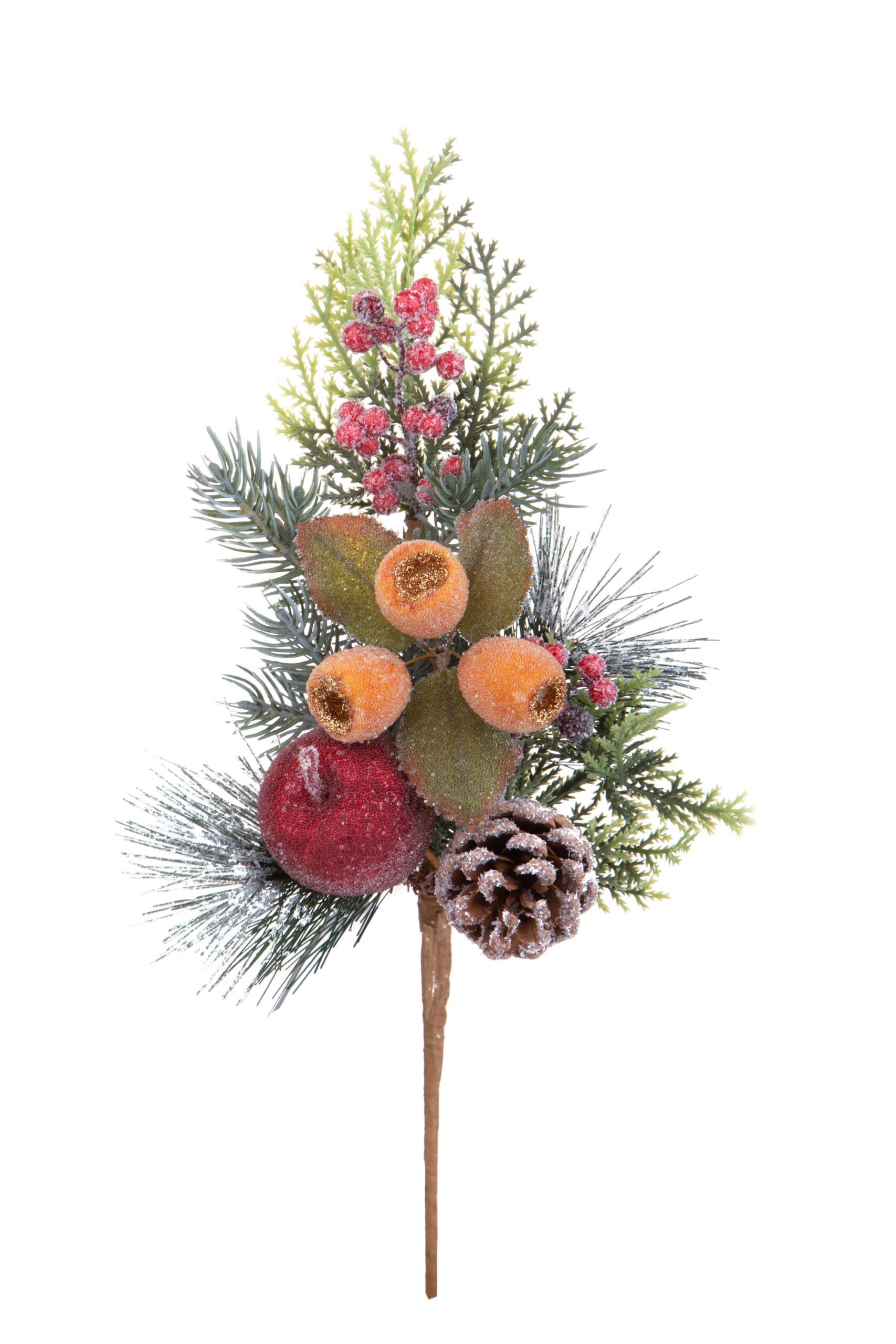 ramo decorativo natalizio con pino, bacche rosse innevate, pigna e frutti zuccherati (copia)