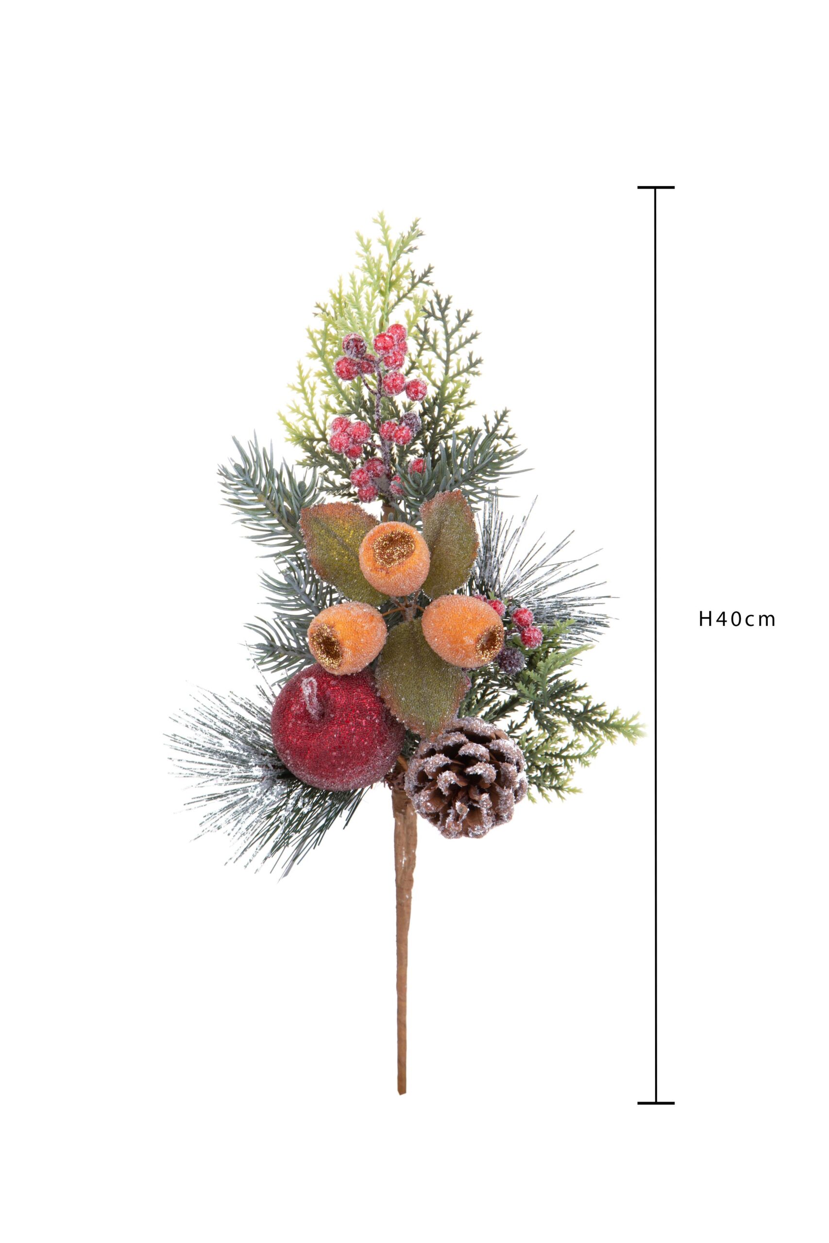 ramo decorativo natalizio con pino, bacche rosse innevate, pigna e frutti zuccherati (copia)