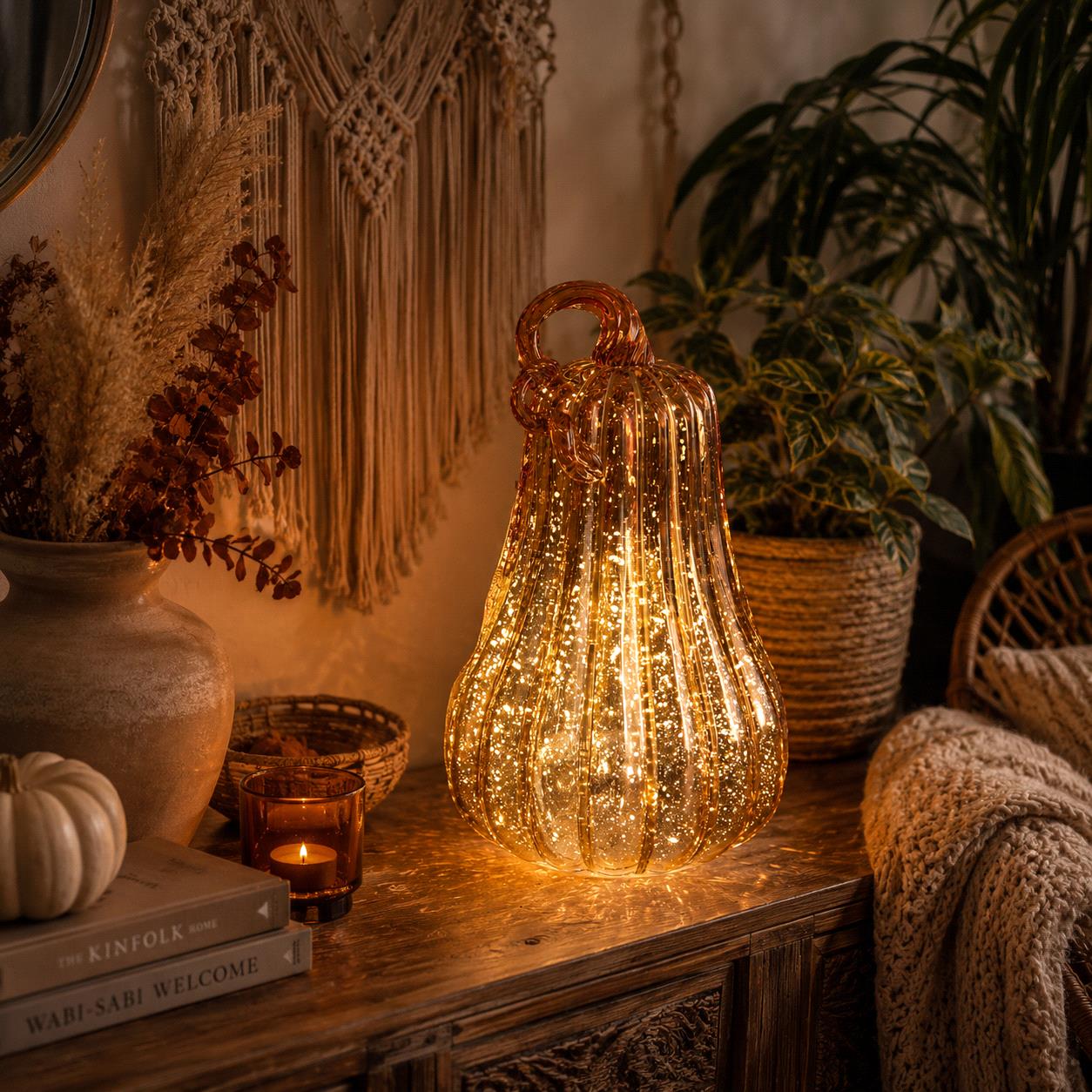 zucca decorativa luminosa in vetro arancione con luce led (copia)