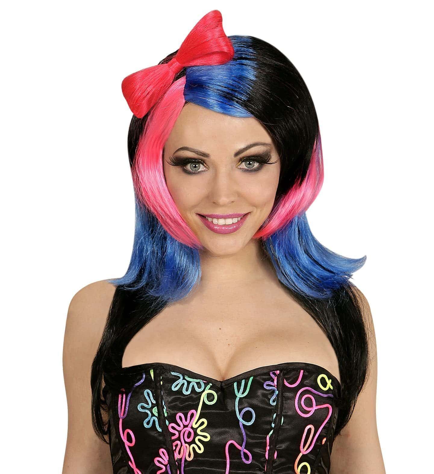 Parrucca Blu Rosa e Nera con Fiocco Rosa