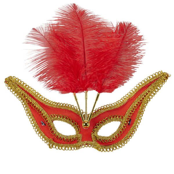 Maschera Domino Rossa Con Piume