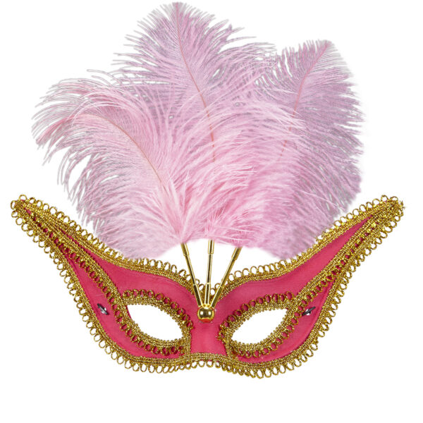 Maschera Domino Rosa Con Piume