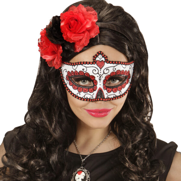 Maschera Domino Teschio Messicano Glitter Nero e Rosso