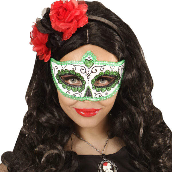 Maschera Domino Teschio Messicano Glitter Nero e Verde