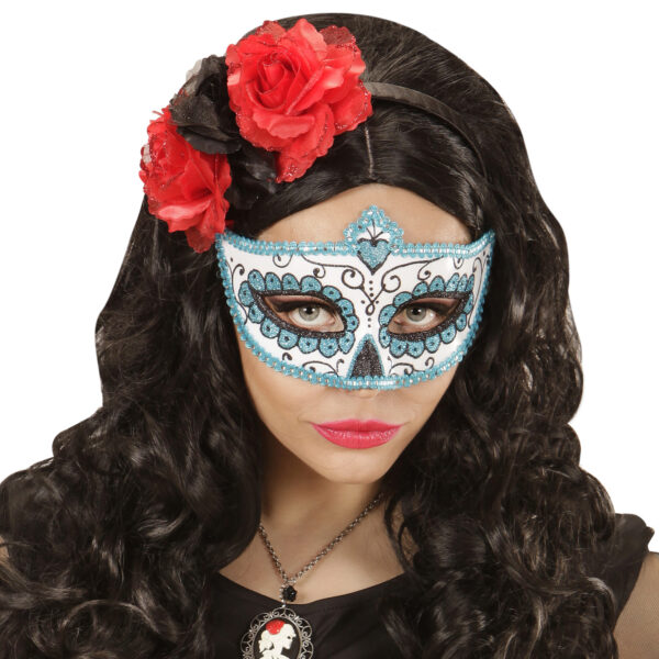 Maschera Domino Teschio Messicano Glitter Nero e Azzurro