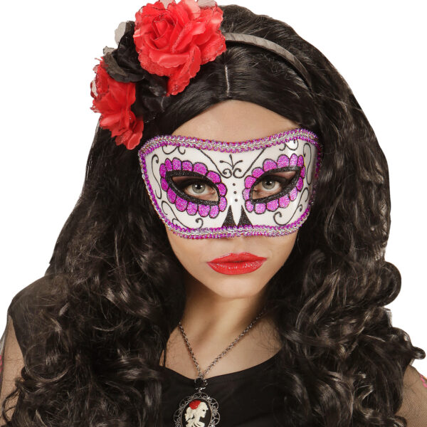 Maschera Domino Teschio Messicano Glitter Nero e Viola