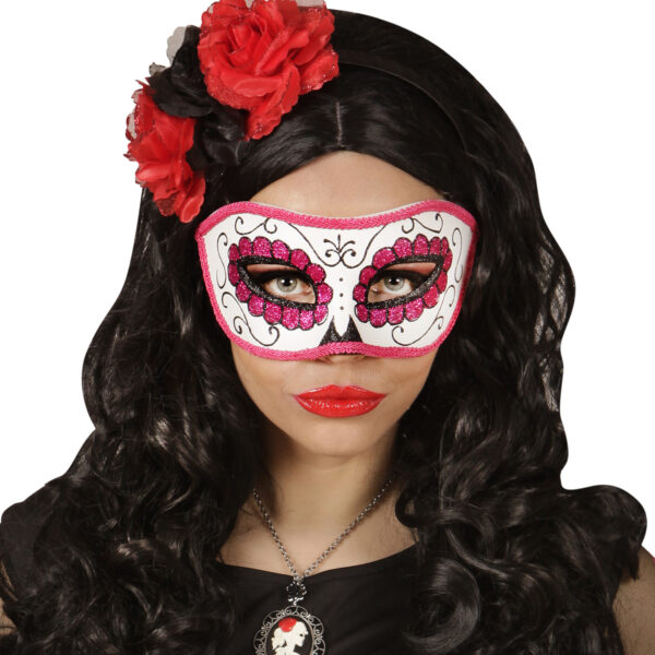Maschera Domino Teschio Messicano Glitter Nero e Rosa