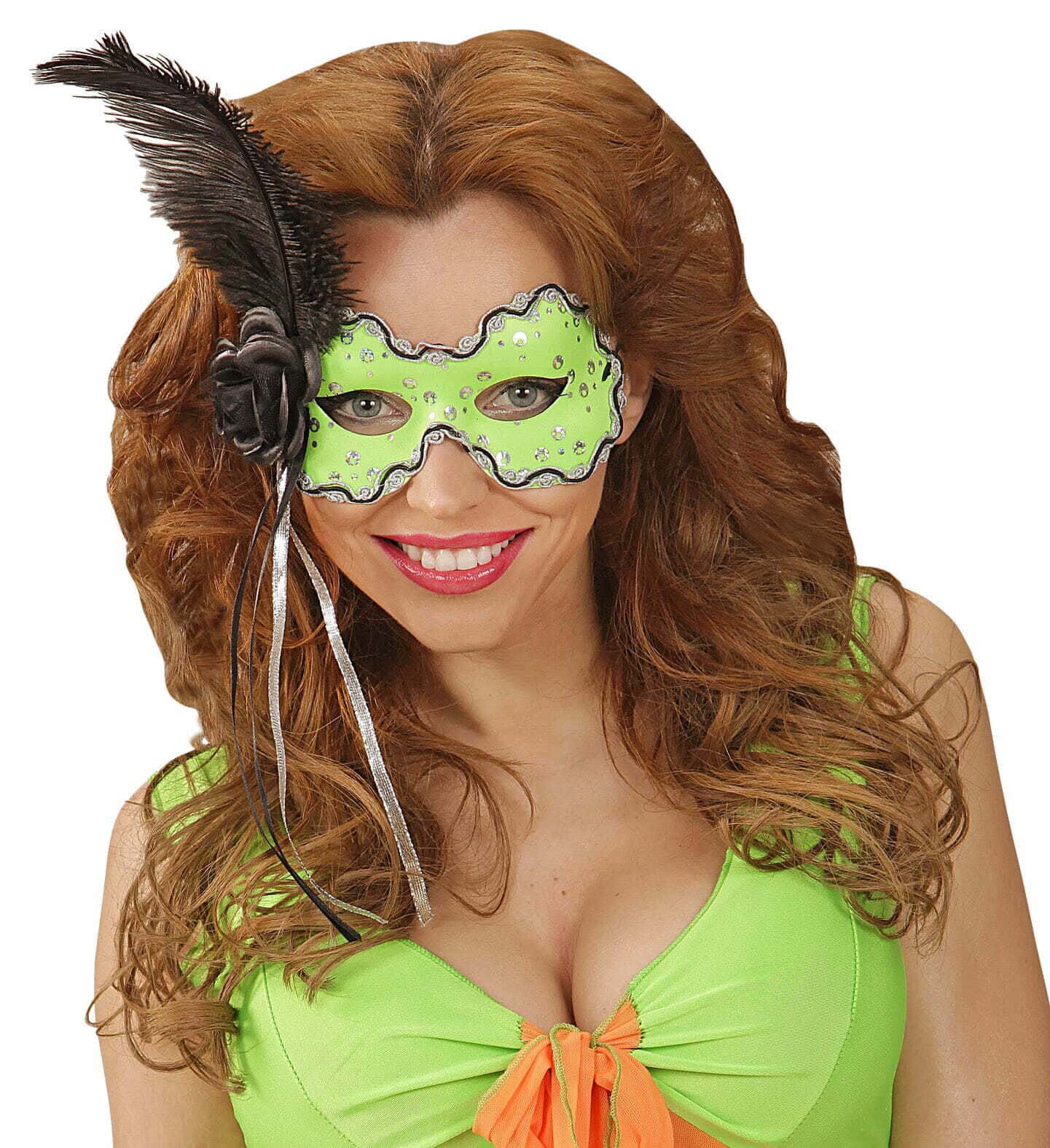 Maschera Brazil Verde Fluorescente con Rosa e Piuma