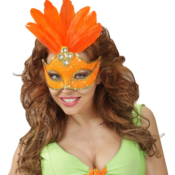 Maschera Brazil Arancione Fluorescente con Paillettes Gemme e Piume