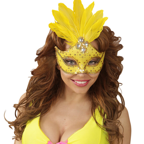 Maschera Brazil Giallo Fluorescente con Paillettes Gemme e Piume