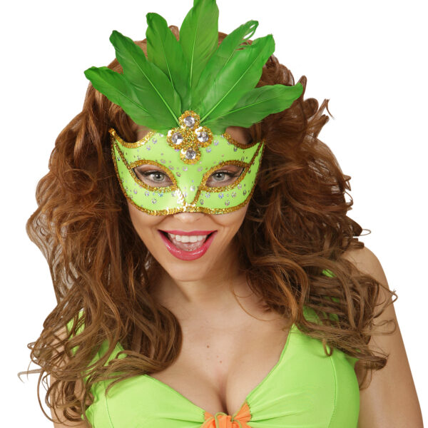 Maschera Brazil Verde Fluorescente con Paillettes Gemme e Piume