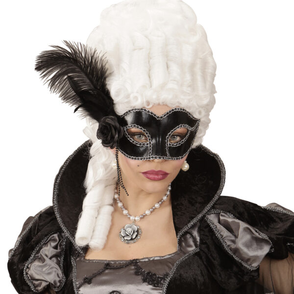 Maschera Veneziana Nera con Rosa Perline e Piume