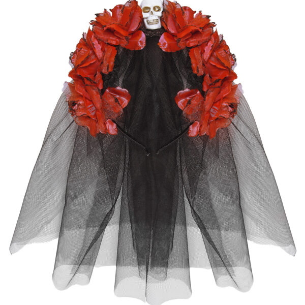 Cerchietto Nero con Rose Rosse con Teschio e Velo