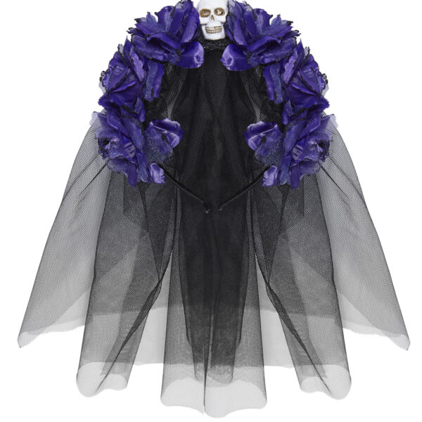 Cerchietto Nero con Rose Viola con Teschio e Velo