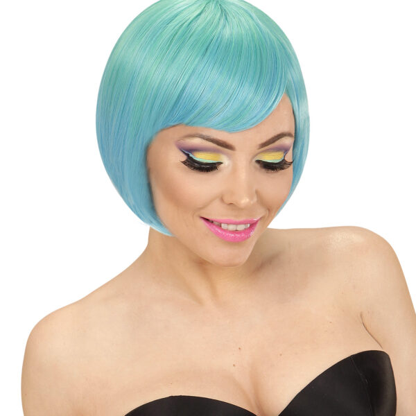 Parrucca Verde Blu Caschetto con Frangia