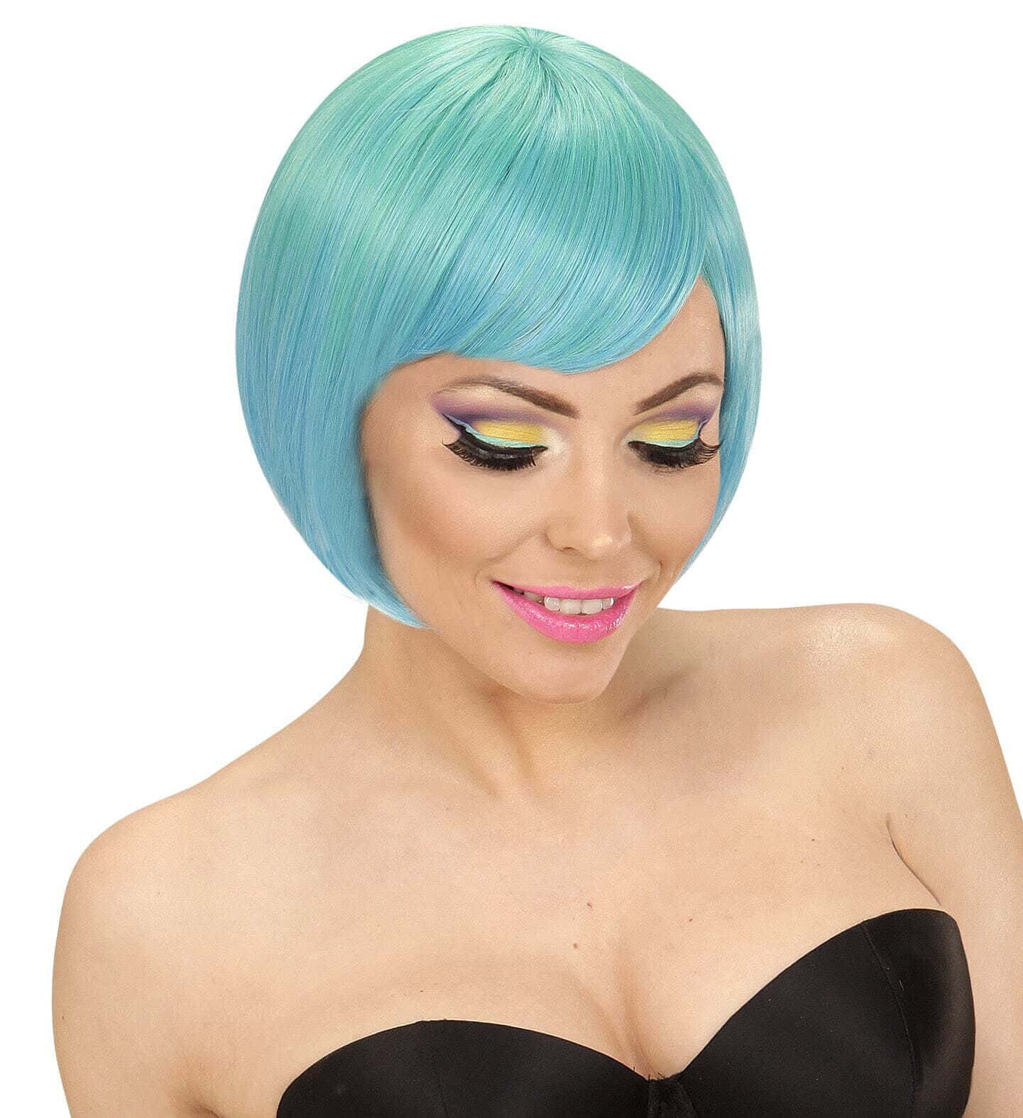 Parrucca Verde Blu Caschetto con Frangia