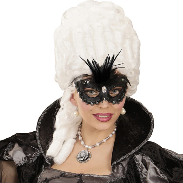 Maschera Baronessa Nera con Paillettes Gemma e Piume