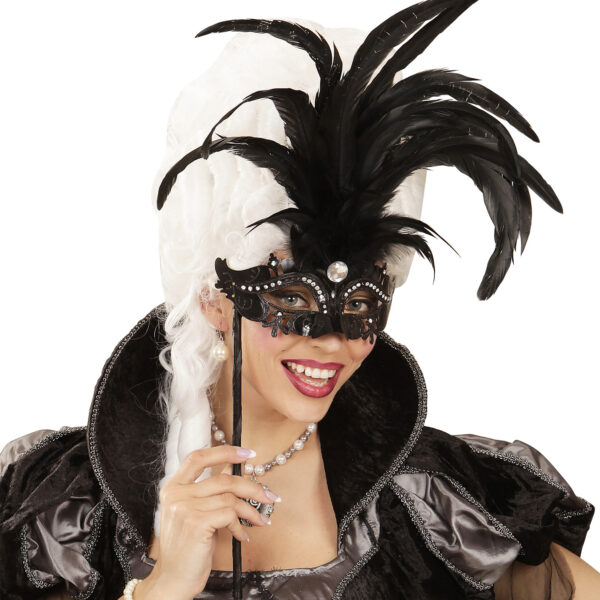 Maschera Nera con Bastoncino Strass Glitter Piume