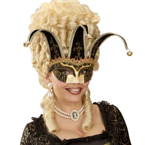 Maschera Domini Jolly Nera con Glitter e Campanelle