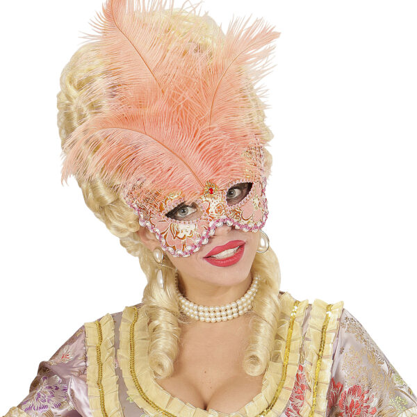 Maschera Baronessa Albicocca con Gemma Glitter e Piume