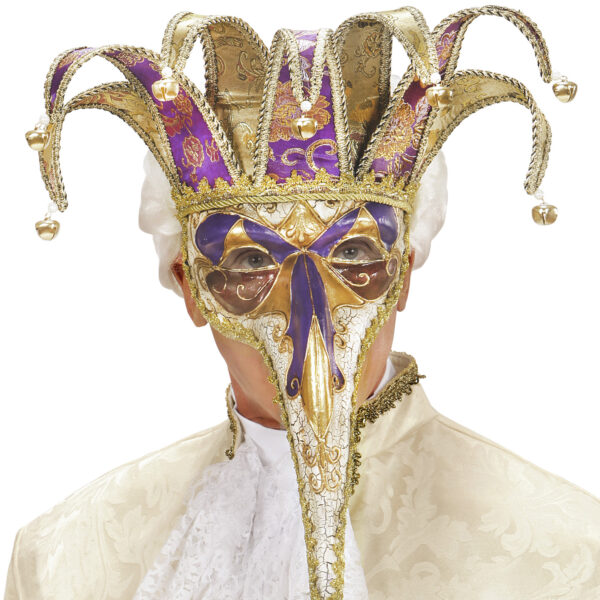 Maschera Jolly Oro e Viola con Naso Lungo e Campanelline