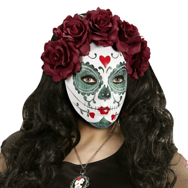 Maschera da Teschio Messicano con Rose Bordeaux
