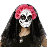 Maschera da Teschio Messicano con Rose Rosa e Velo in Pizzo