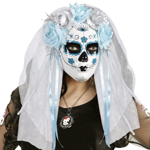 Maschera da Teschio Messicano con Velo Nastri e Rose