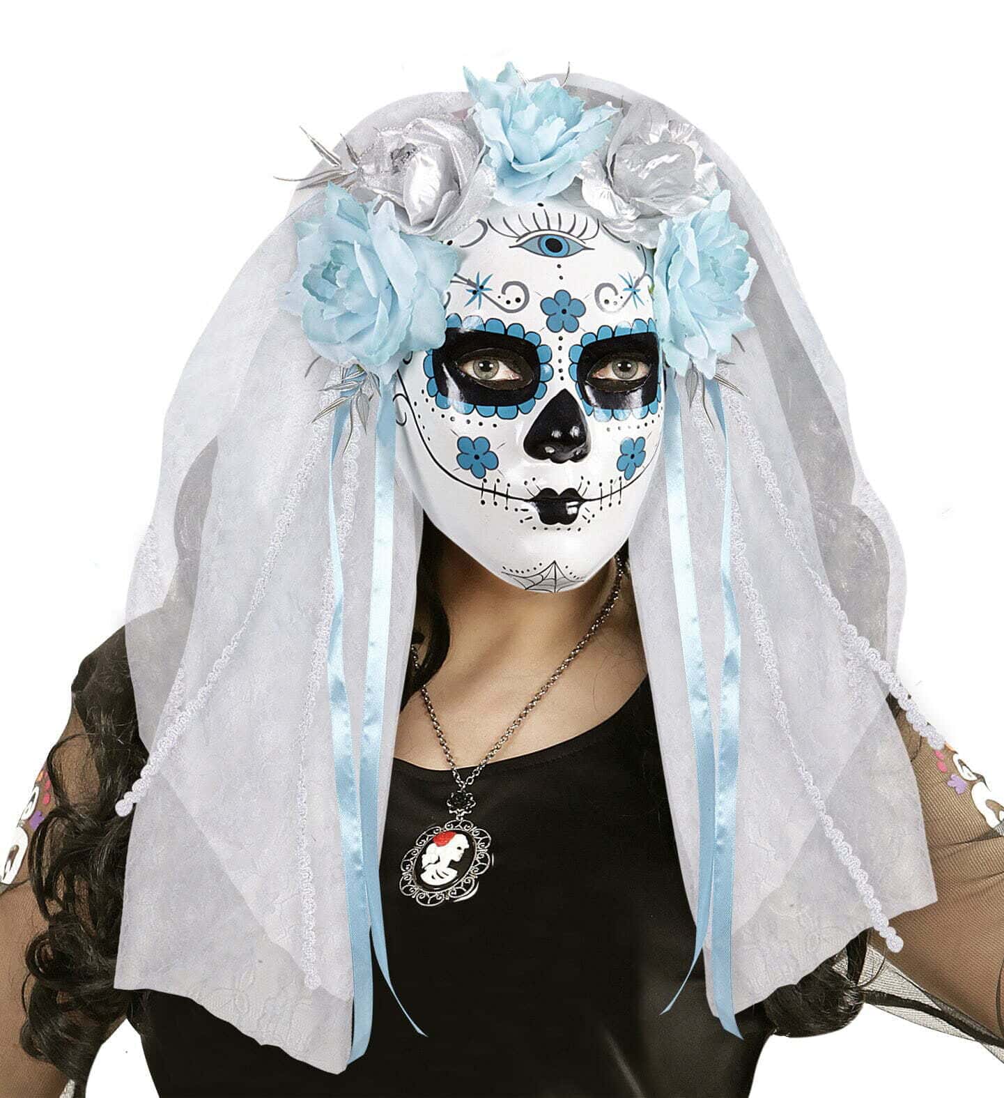 Maschera da Teschio Messicano con Velo Nastri e Rose