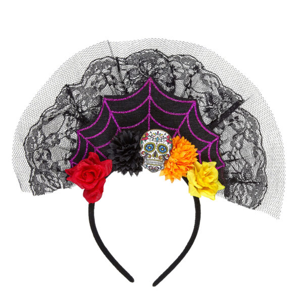 Cerchietto Nero con Fiori Teschio e Ragnatela
