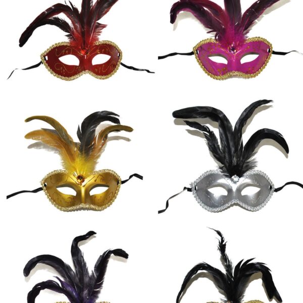 Maschera con Paillettes Gemme e Piume Colori Assortiti