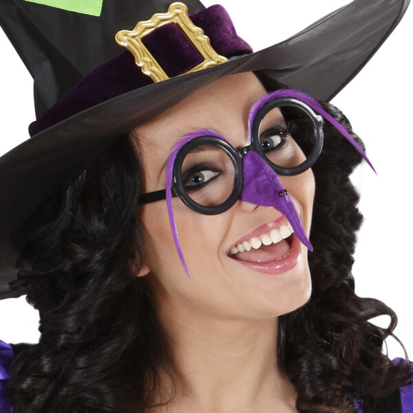 Occhiali Viola o Verdi con Naso e Sopracciglia da Strega