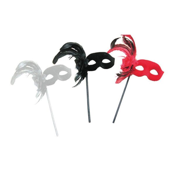 Maschera Domino con Rosa Piume e Bastoncino Colori Assortiti