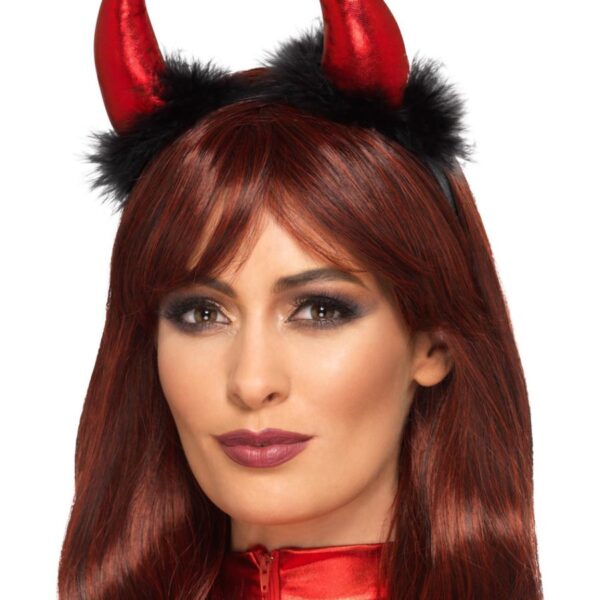 Cerchietto con Corna Rosse e Piume Nere