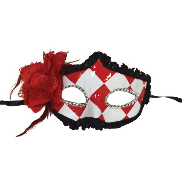 Maschera Bianca e Rossa a Quadri e Rosa Rossa