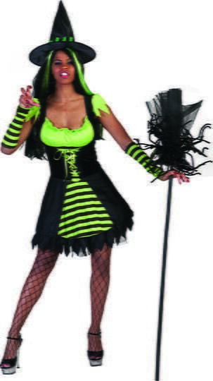 Costume Da Strega Per Bambina, Completo 5 Pezzi Nero. Include Abito Mantella, Cappello, Scopa, Collana Luminosa E Adesivi Occhi. Taglie 120-140 Cm (4-11 Anni). Perfetto Per Halloween.