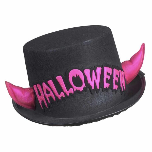 Cappello a Cilindro Nero con Corna Rosa