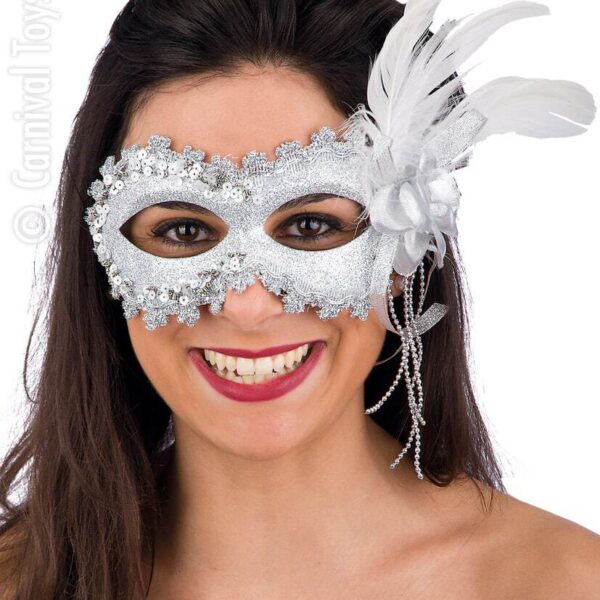 Maschera Bianca con Brillantini e Piume Rosse