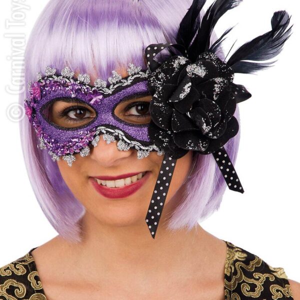 Maschera Viola con Brillantini e Piume Nere