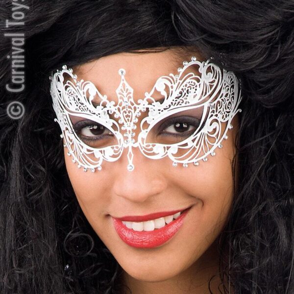 Maschera Farfalla in Metallo Bianca Con Strass