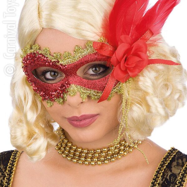 Maschera Rossa e Oro con Brillantini e Piume Rosse