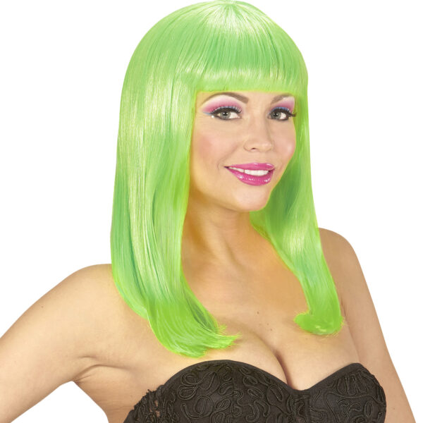 Parrucca Verde Lunga Liscia con Frangia Fluorescente