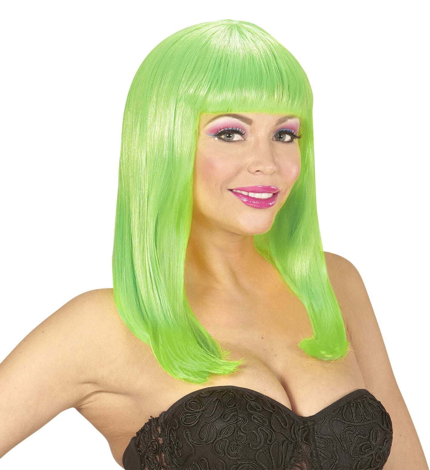 Parrucca Verde Lunga Liscia con Frangia Fluorescente
