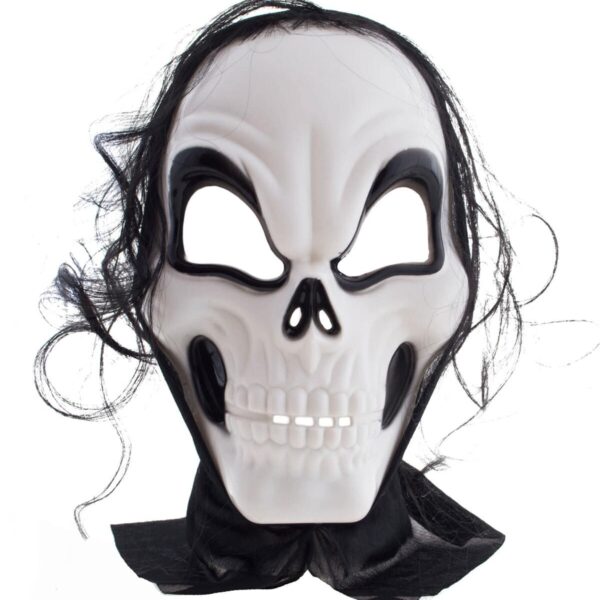 Maschera da Teschio in Plastica con Capelli e Cappuccio